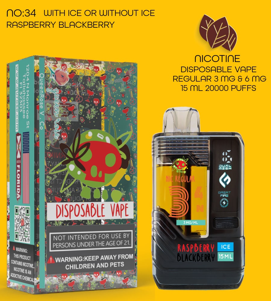 RASPBERRY BLACKBERRY 20000 PUFFS VAPE NICOTINE REGULAR WITH ICE OR WITHOUT ICE 15 ML NO:34