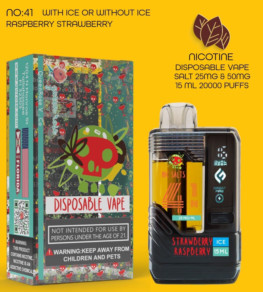 RASPBERRY STRAWBERRY  20000 PUFFS VAPE NICOTINE SALT WITH ICE OR WITHOUT ICE 15 ML NO:41