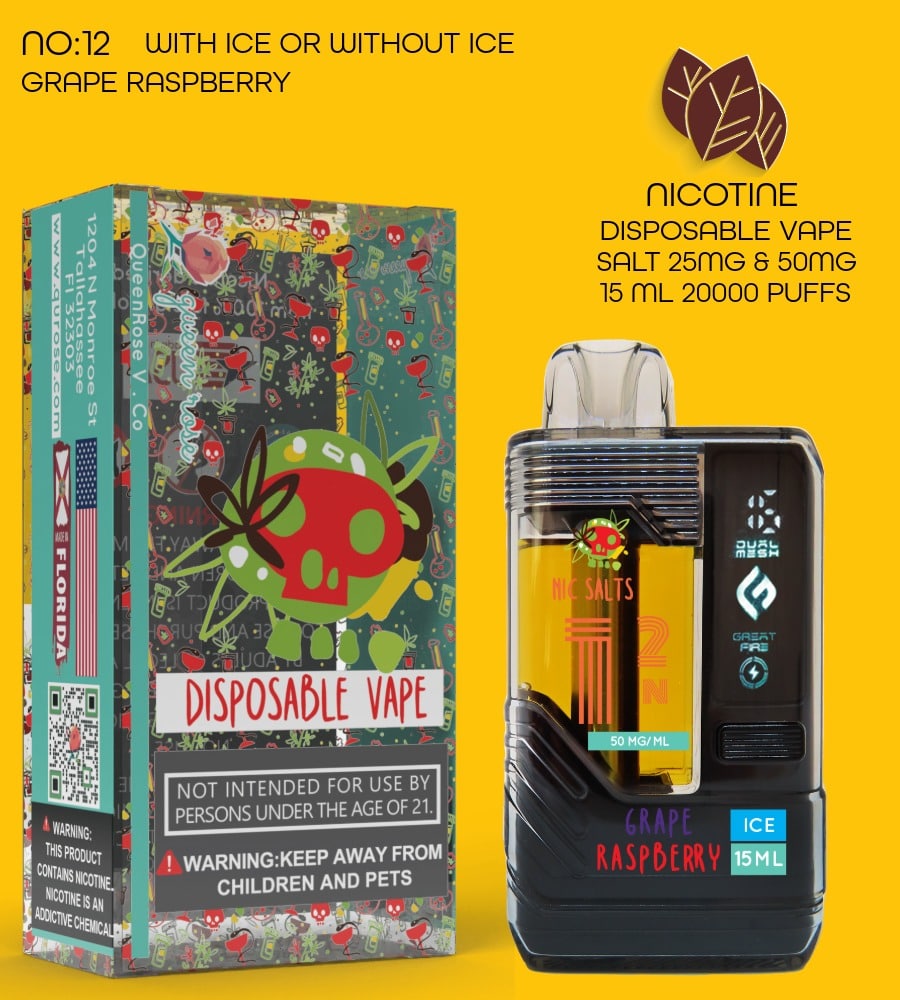 GRAPE RASPBERRY  20000 PUFFS VAPE NICOTINE SALT WITH ICE OR WITHOUT ICE 15 ML NO:12