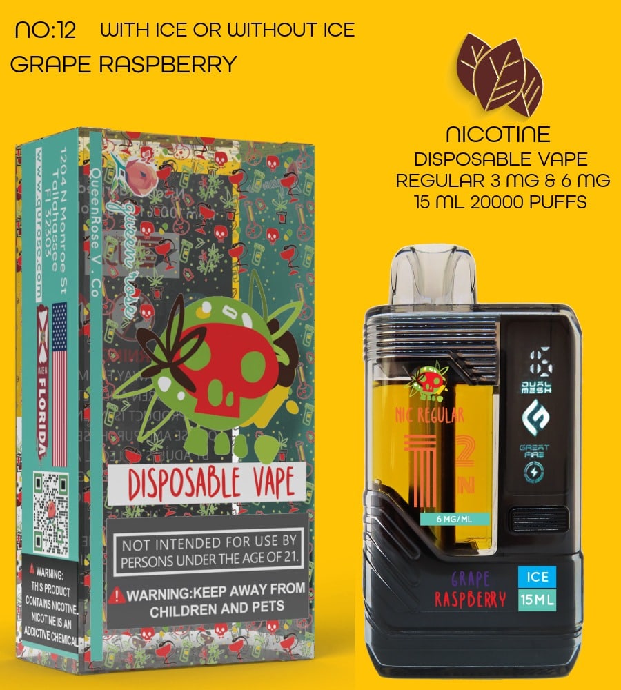 GRAPE RASPBERRY  20000 PUFFS VAPE NICOTINE REGULAR WITH ICE OR WITHOUT ICE 15 ML NO:12